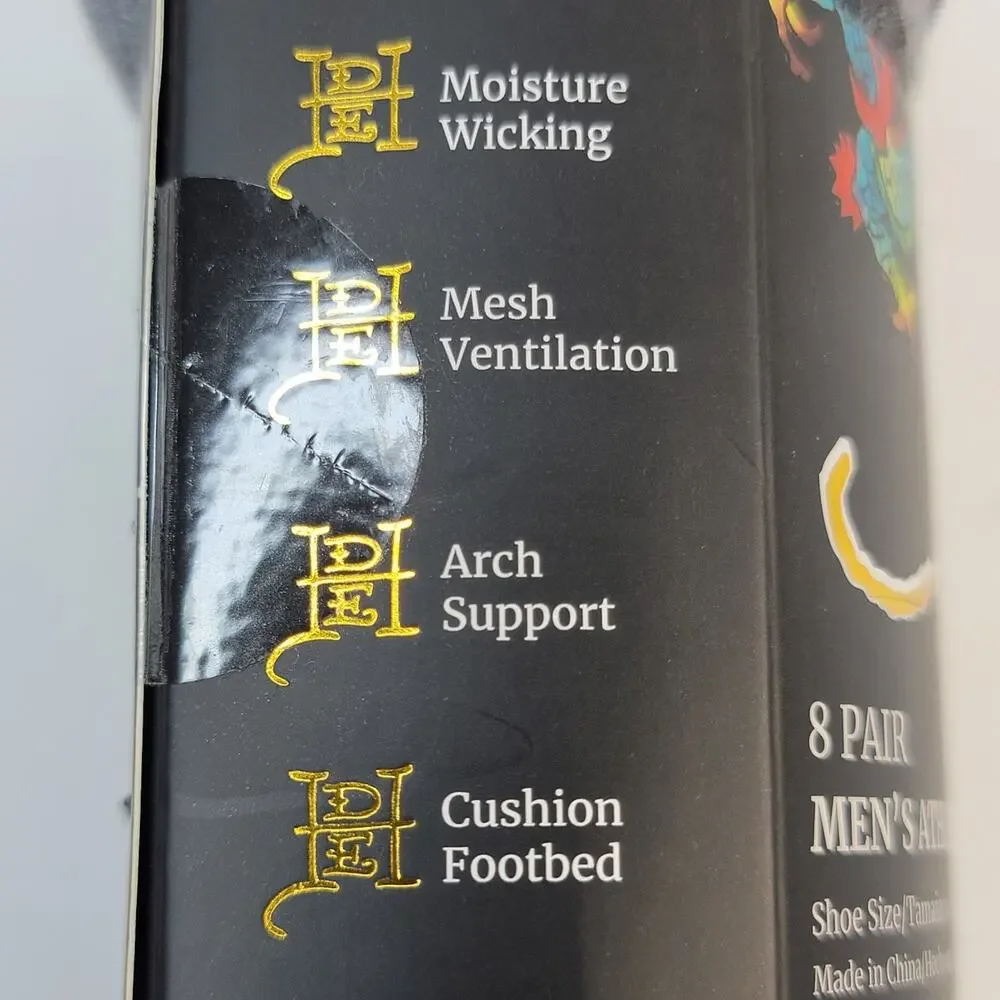 Ed Hardy 8 Pair Mens Shocks Multicolor Spell Out Arch Support Moisture Wicking